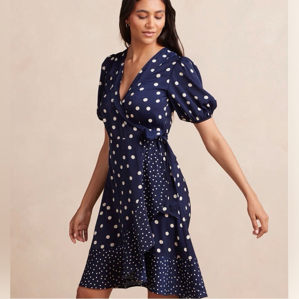 Summersalt-The Silky Luxe Puff Sleeve Wrap Dress-Polka Dot-Navy-White-NWT- 16